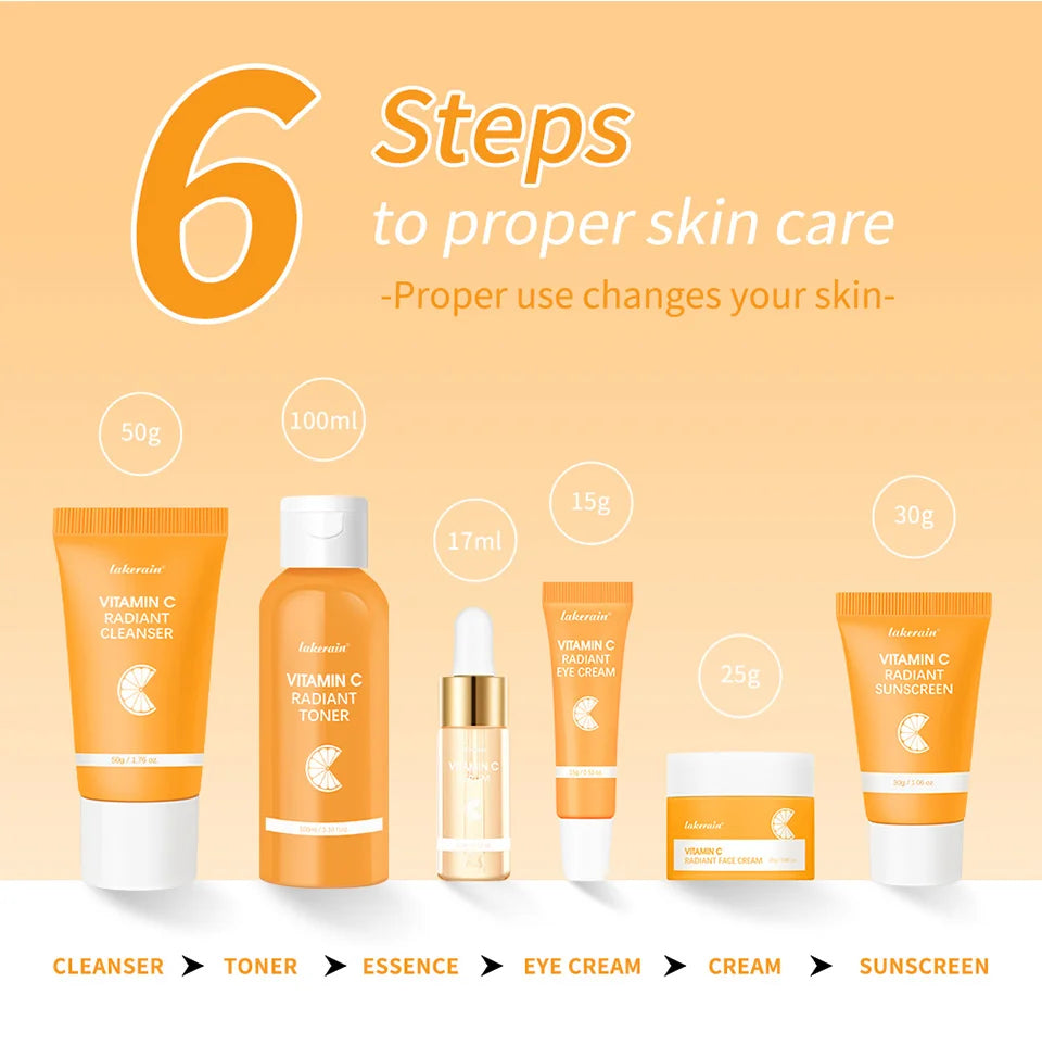 6pcs/set Vitamin C Skin Care Set Deep Cleansing Facial Cleanser Face Cream Moisturizing Anti Wrinkles Face Care Kit Gift Box